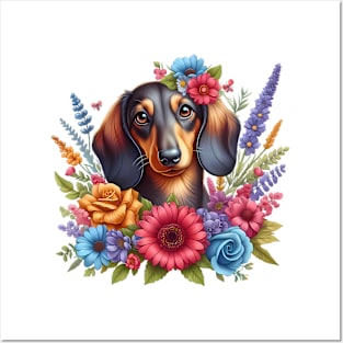 A dachshund with beautiful colorful flowers Posters and Art